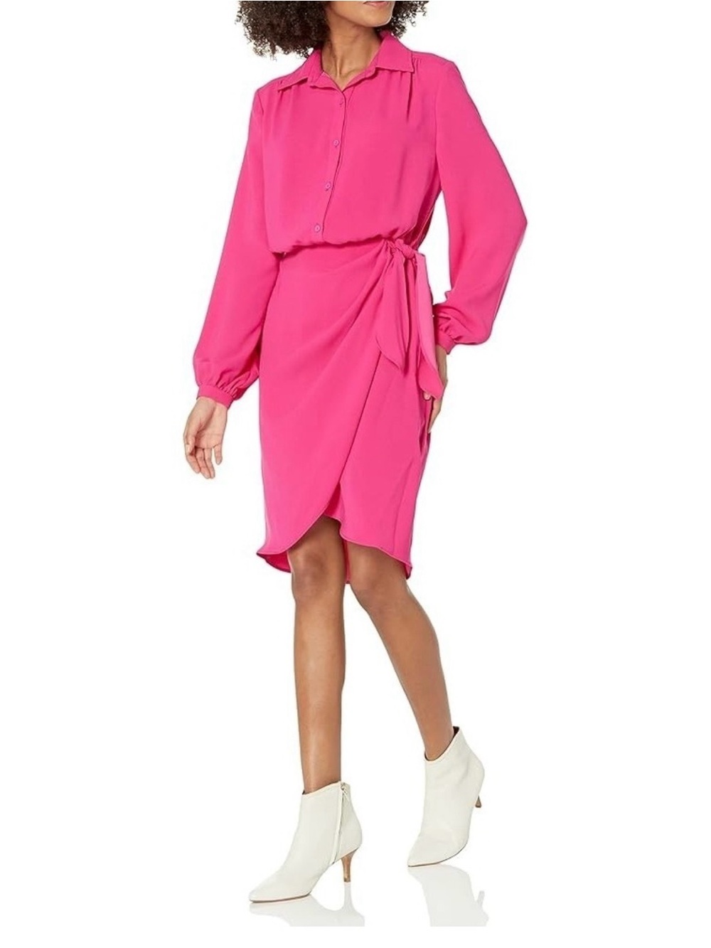 Trina Turk Hot Pink Long Sleeve Tie-Waist Shirt Dress